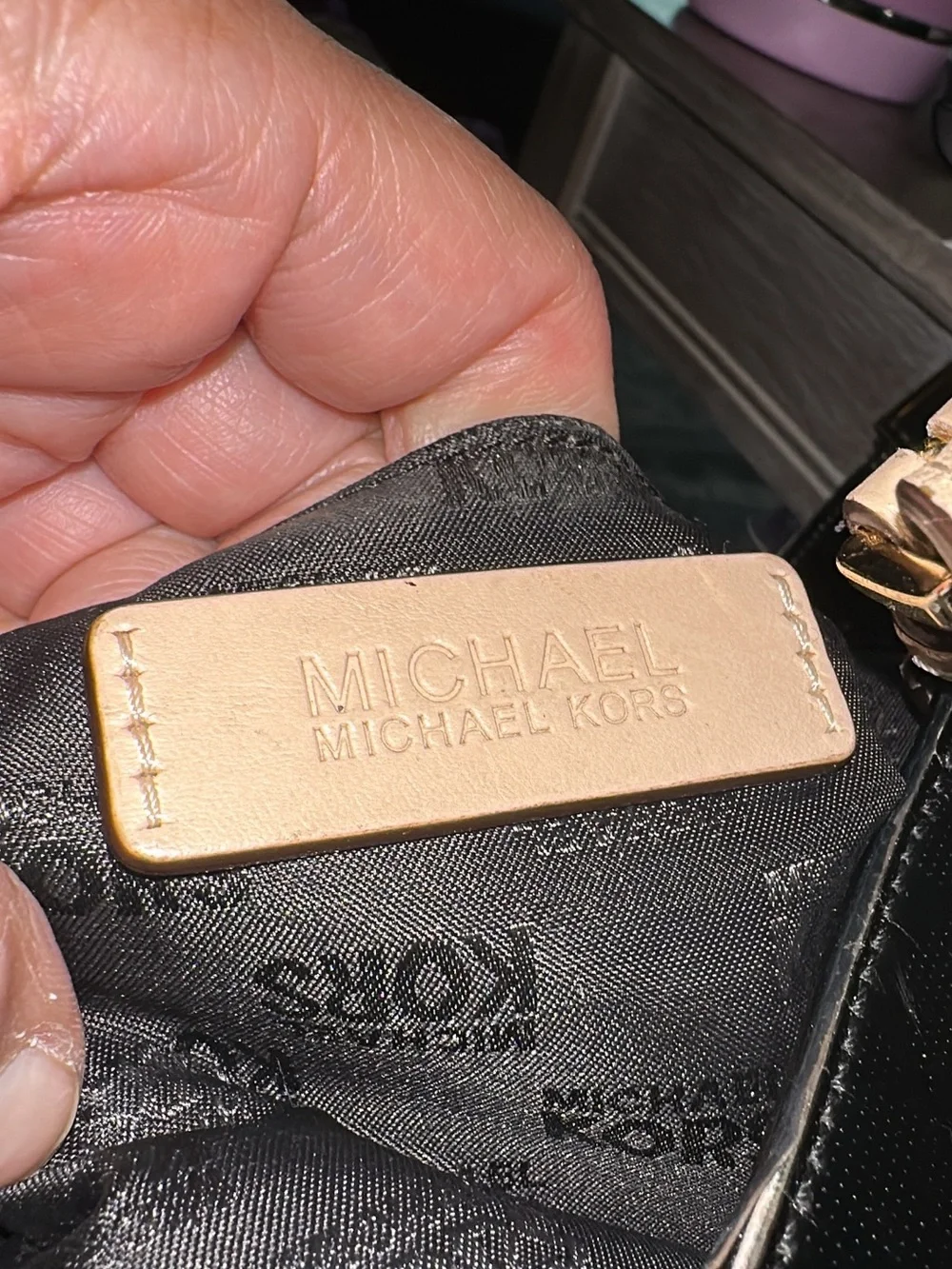 Michael Kors Black Patent Shoulder Tote with Light Tan Straps